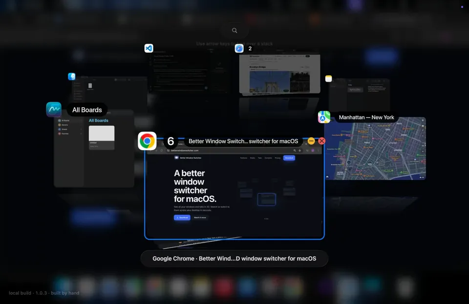 Better Window Switcher showing open Mac windows as 3D cards with the active Chrome window in front