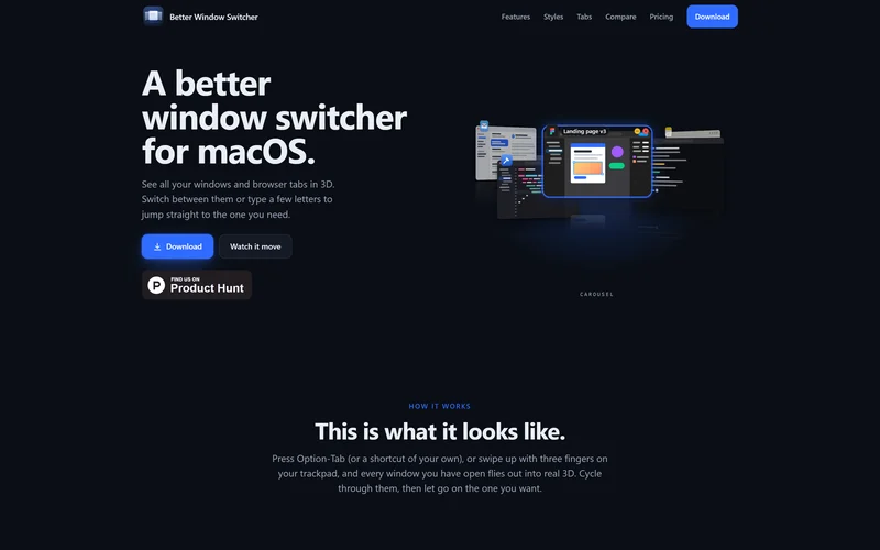 The betterwindowswitcher.com landing page: “A better window switcher for macOS” with open Mac windows in 3D