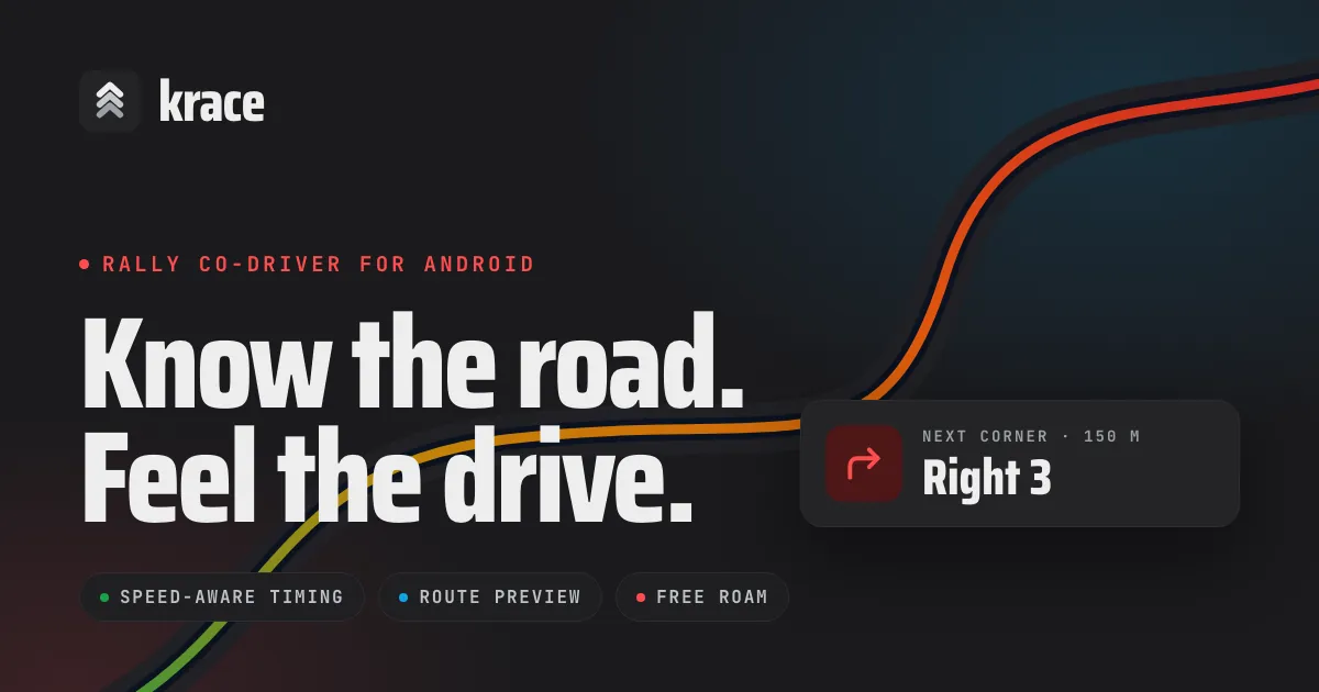 Krace website showing a route and the next callout, “Left 2”