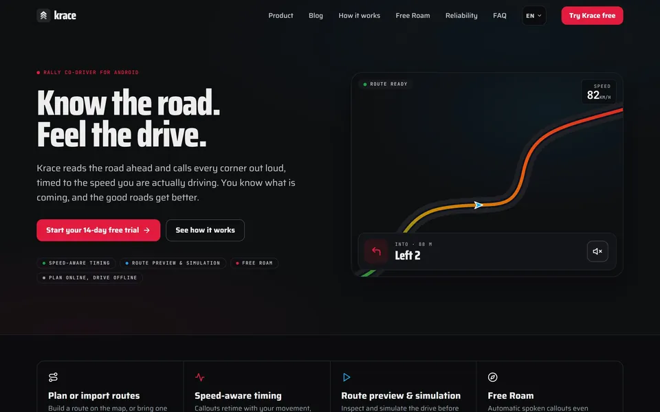 Krace website showing a route and the next callout, “Left 2”