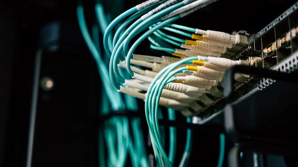 Fiber optic cables in a server rack