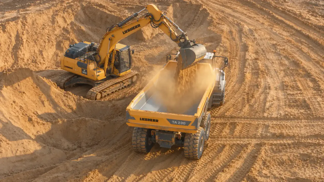 Bagger belädt einen Muldenkipper mit Sand in der Grube der B³ Quarzsandwerke, Standbild aus dem Hero-Film der Website