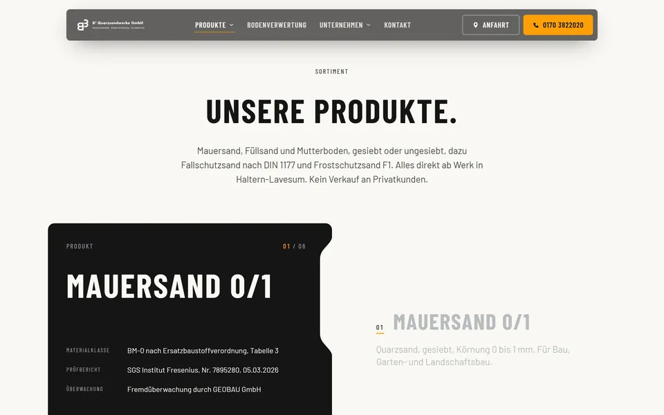Produktübersicht mit Körnungen, Materialklasse und Prüfberichten