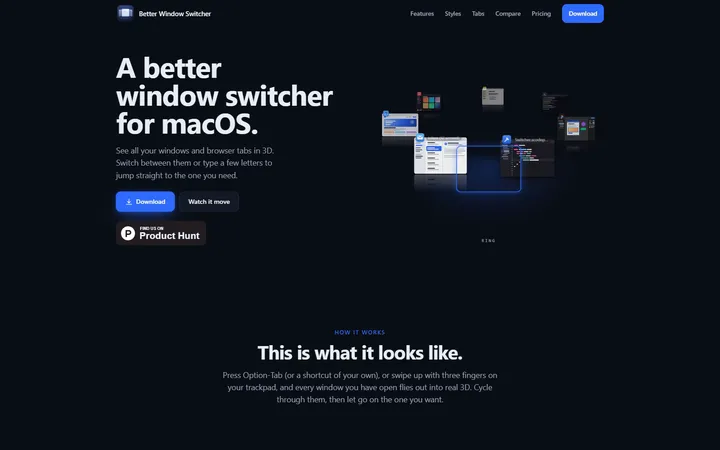 The betterwindowswitcher.com landing page with the headline “A better window switcher for macOS”