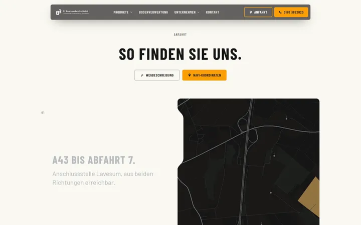 Animierte Anfahrtskarte auf quarzsandwerke.de mit der Route von der A43 bis zur Einfahrt der Grube